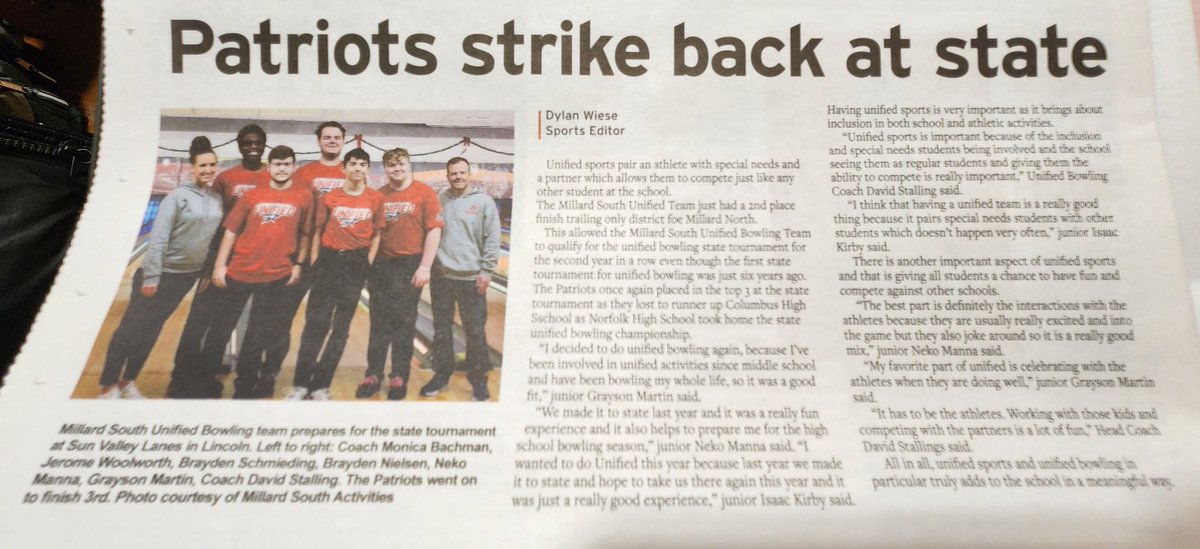 MSouthUnified's tweet photo. Check out this month's edition of the Common Sense newspaper by @MSHSJournalism and read about our state bowling journey along with Coach Stalling's recognition! Now this is unified media! #UnifiedGeneration https://t.co/6Zmg9Rx19j