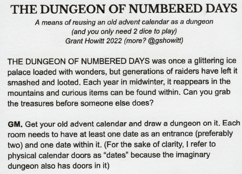 gshowitt's tweet photo. Jingle jingle! December's 1-page RPG is THE DUNGEON OF NUMBERED DAYS, which involves drawing a map on an old advent calendar and then using it to rob an ancient magical palace. Patrons get it a week early here: https://t.co/eGKUmqqijC https://t.co/DysDPwNMlI