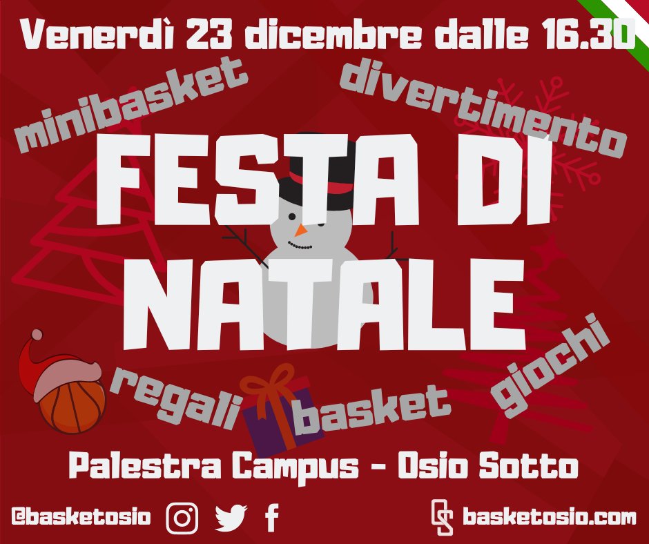 basketosio's tweet photo. FESTA DI NATALE
Vi aspettiamo venerdì 23 alla Festa di Natale, per giocare e divertirci tutti insieme!
Dalle 16:30 per il Minibasket, dalle 17:30 per tutti, per essere sempre di più una sola grande squadra!
.
#basketosio #forzaosio #festadinatale #natale #buonnatale #buonefeste https://t.co/lCf43SM7E7