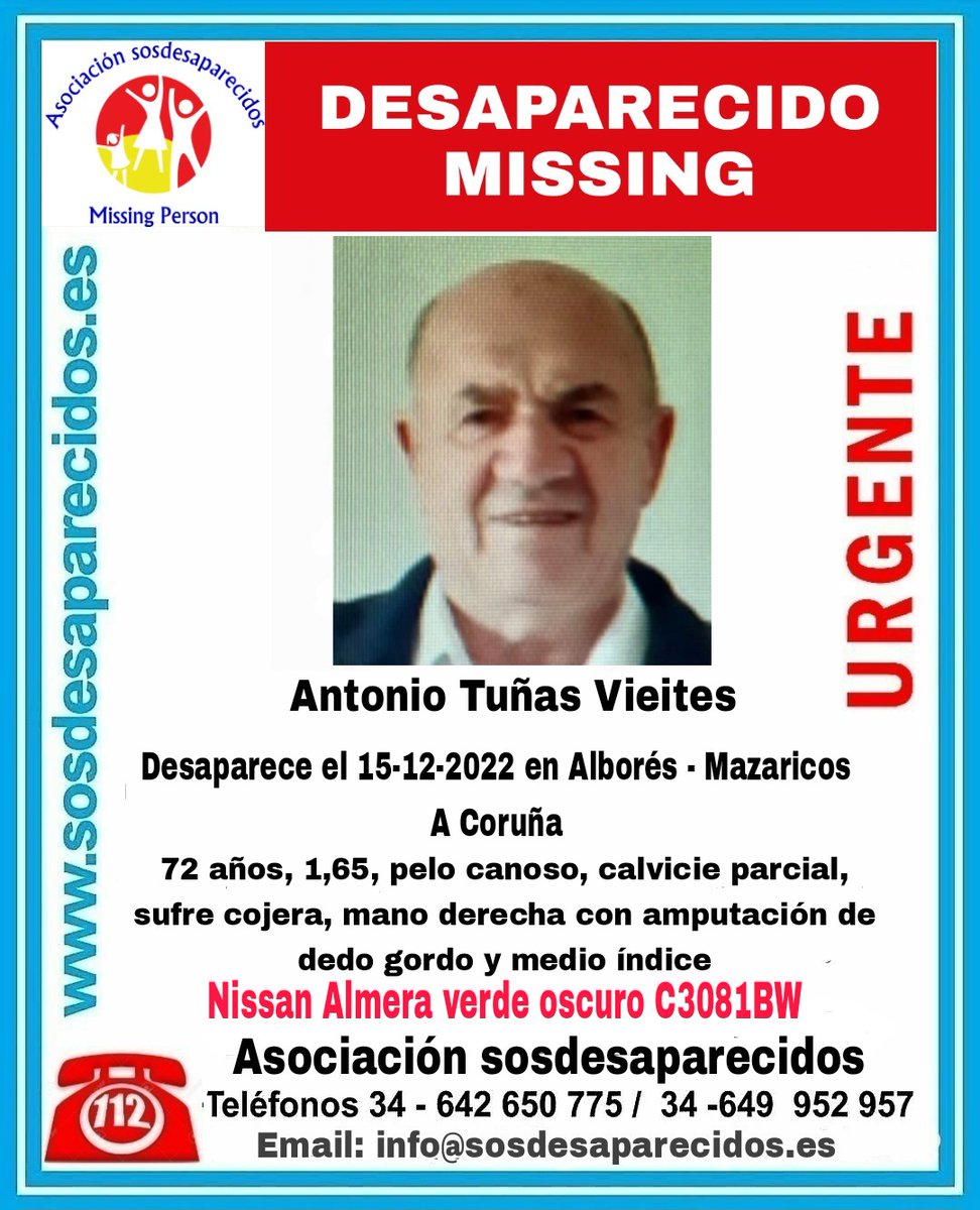 🔴ALERTA,
MAYOR DESAPARECIDO🔴
Antonio tiene 72 años y está desaparecido desde el 15 de Diciembre de 2022 en Mazaricos.
Si tienes cualquier información sobre su paradero:
☎️112
☎️062
☎️091
#desaparecido #Missing #España #Galicia #Coruña #Mazaricos