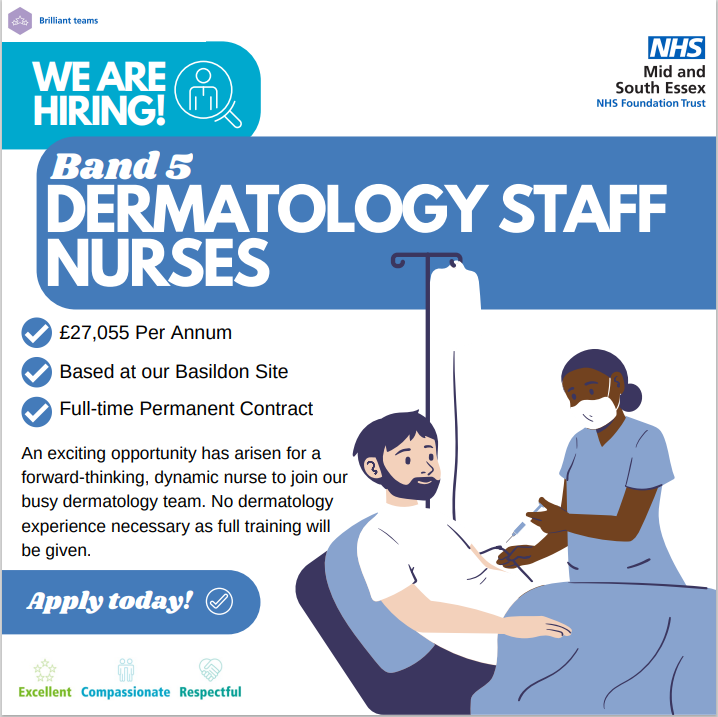 JoinMSEHospital's tweet photo. We’re looking for enthusiastic and well-motivated registered nurses with a strong commitment to providing high levels of care to join our friendly and supportive Dermatology department at Basildon Hospital! Apply today!

#NHSJobs #WeAreHiring 
https://t.co/5pD4GjZ93t https://t.co/uLvf9IF8nR