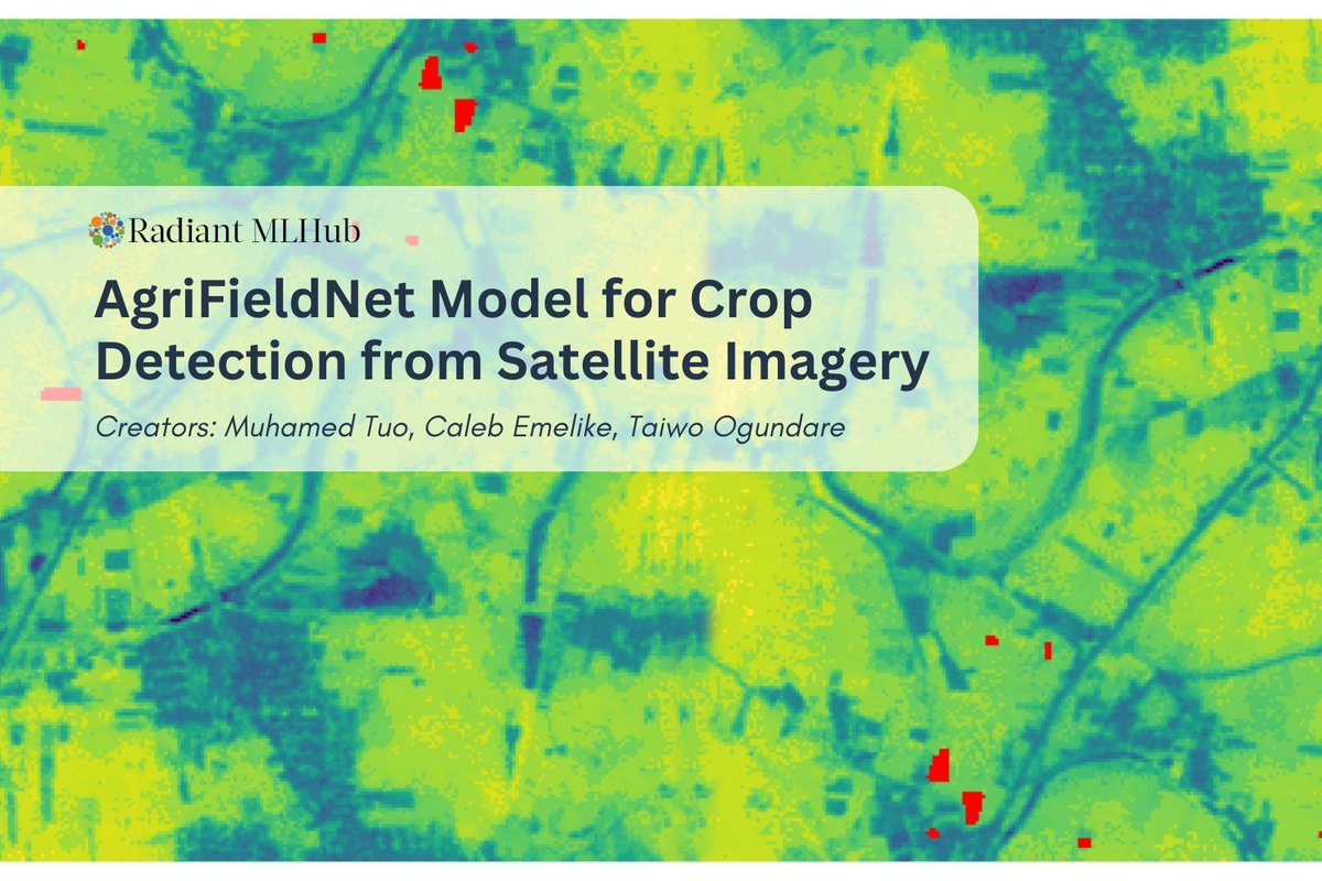 OurRadiantEarth's tweet photo. Now available on #RadiantMLHub: The winning #geospatial solution code designed to classify crop types in agricultural fields. The model was trained on the open access AgriFieldNet Competition Dataset
👨🏾‍💻Created by @nzario9, @CalebEmelike &amp; Taiwo Ogundare
🔗https://t.co/mB6sZaLt87 https://t.co/kZieNJzaIT