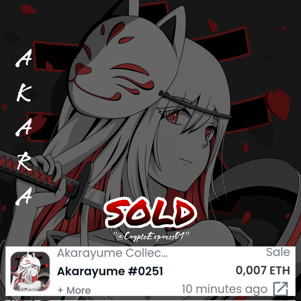 Hey heyy🤩
I got sale from today's drop
Thank you so much <a href="/CryptoExpress01/">CryptoExpress💎NFT</a> (2 AY pts) Has been supporting the Akarayume project 🥰🙏

Don't forget to check his collection too🤩
He has amazing art on his gallery❤️

#NFTs #NFTart #NFT #RASCALs #NFTcommunity #NFTsales #NFTsold