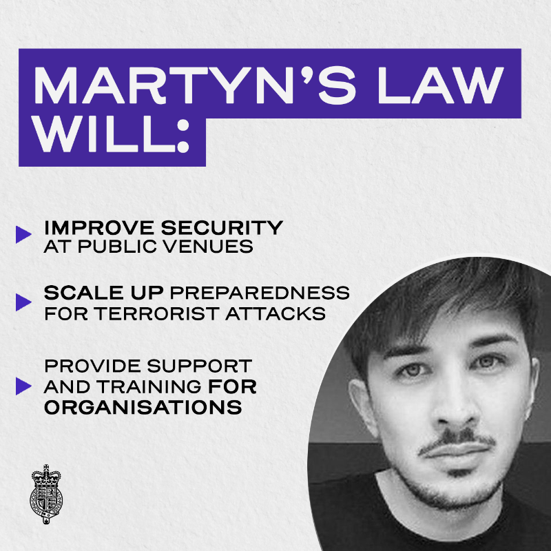 ukhomeoffice's tweet photo. Today, we announced how #MartynsLaw will help protect public spaces from terror attacks.
 
Named in of honour of Martyn Hett, who lost his life in the Manchester Arena attack, this is what the law will do ⤵️