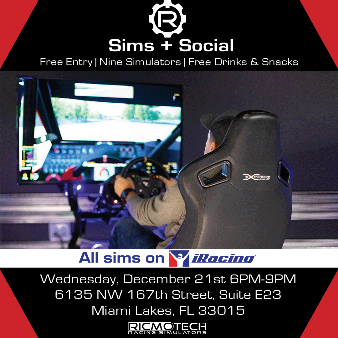 This Wednesday is our final Sims + Social event of the year! All sims will be on iRacing so stop by and check them out! No purchase is necessary; drinks and snacks are complimentary. #ricmotech #iracing #iracingofficial #simracing #miami #esports #broward #wpb