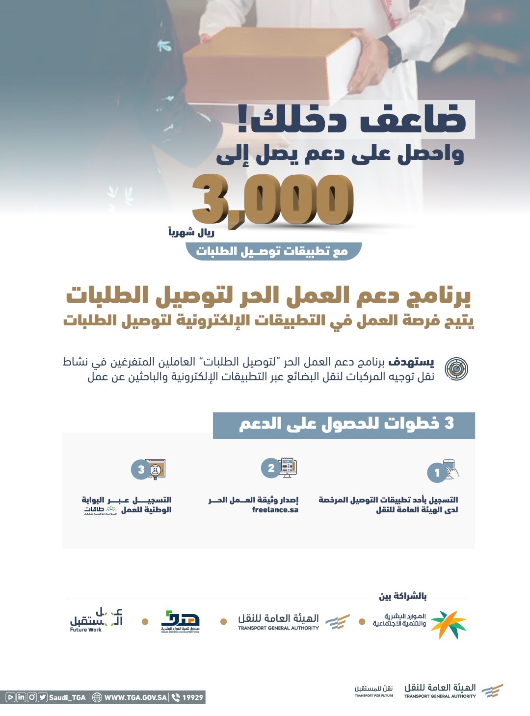 🔴 | دعم حكومى يصل الى 3000 ريال 

تعلن #الهيئة_العامة_للنقل عن برنامج دعم العمل الحر لتوصيل الطلبات 

- سجل فى أحد تطبيقات التوصيل المعتمدة
- أصدر وثيقة دعم العمل الحر
- ثم سجل فى برنامج دعم توصيل 

التفاصيل و التقديم https://hrdf.org.sa/program?id=4eapr4fzvy04m22pweatyzetnn

#توصيل_الطلبات #صندوق_هدف 

