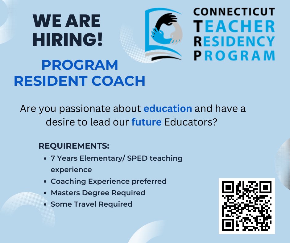 Passionate about being a teacher leader and looking for a career change? 
The CT Teacher Residency Program is hiring! We are looking for a Program Coach for the Lower Fairfield/ New Haven County area!
For more information or to apply, click here:  
ct-trp.org/careers/