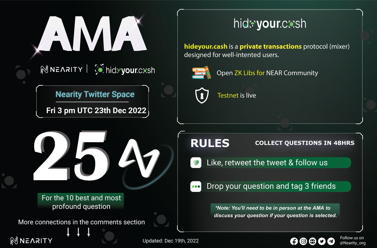 Nearity_org's tweet photo. 🚨https://t.co/htCLpyTsaw x Nearity #AMA 🚨
💰25 $NEAR for 10 best questions

🛑48hrs &amp; Rules:
1⃣👍, RT &amp; Follow @hideyourcash and @Nearity_org 
2⃣Drop your questions &amp; tag 3 friends

#NEAR #Nearity #LEAFES #NFTCommunity #NFTCollections https://t.co/ZnJ88YFNgI