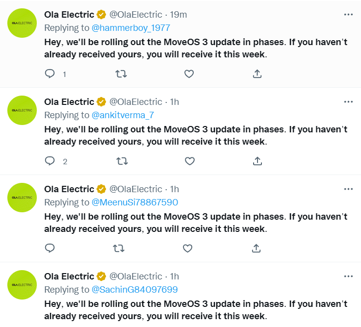 OlaElectrick's tweet photo. OLA Electric #CopyPaste messages today related to #MoveOS3 update:
Before 9am today:
Update to everyone starting next week
vs
After noon today:
Soon. Stay tuned!
vs
After 4pm today:
MoveOS 3 update in phases
Again #EndFakePromises #OLAElectric #ElectricVehicles #India https://t.co/x6iyM5FQu3