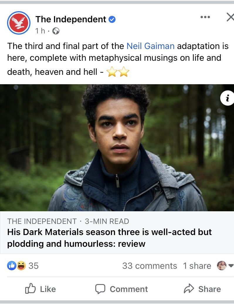 AMOrmsby's tweet photo. @neilhimself do you need to break it to  Phillip Pullman that he didn’t write His Dark Materials? #HisDarkMaterials @Independent https://t.co/r3YBCzyjQ5