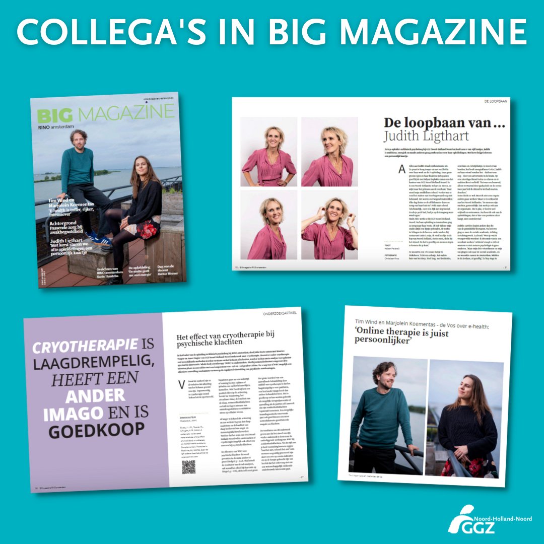 Onze collega's schitteren in Big Magazine van <a href="/rinoamsterdam/">RINO amsterdam</a> . Marjolein Koementas over E-health • De loopbaan van Judith Ligthart • Het effect van cryotherapie bij psychische klachten. Artikel over het onderzoek van Julia Doets . Lees het hier 👉 bit.ly/3WaVJum

#ggz