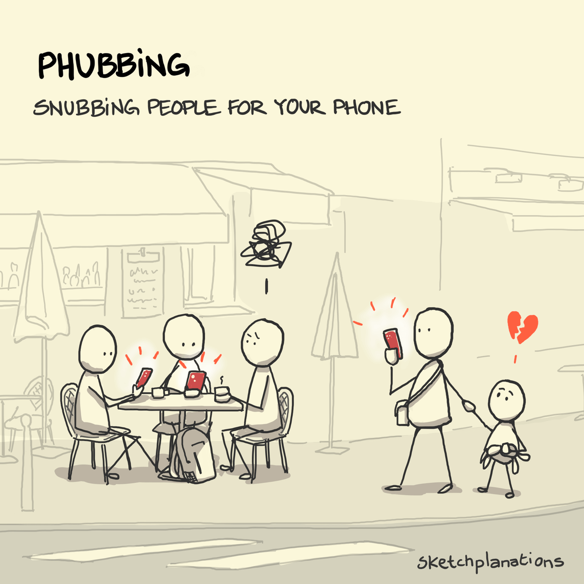 sketchplanator's tweet photo. Phubbing: snubbing people for your phone

Research on phubbing, mostly since the word was coined, says it largely has the effects you'd think it would. https://t.co/xa58WuQ67x