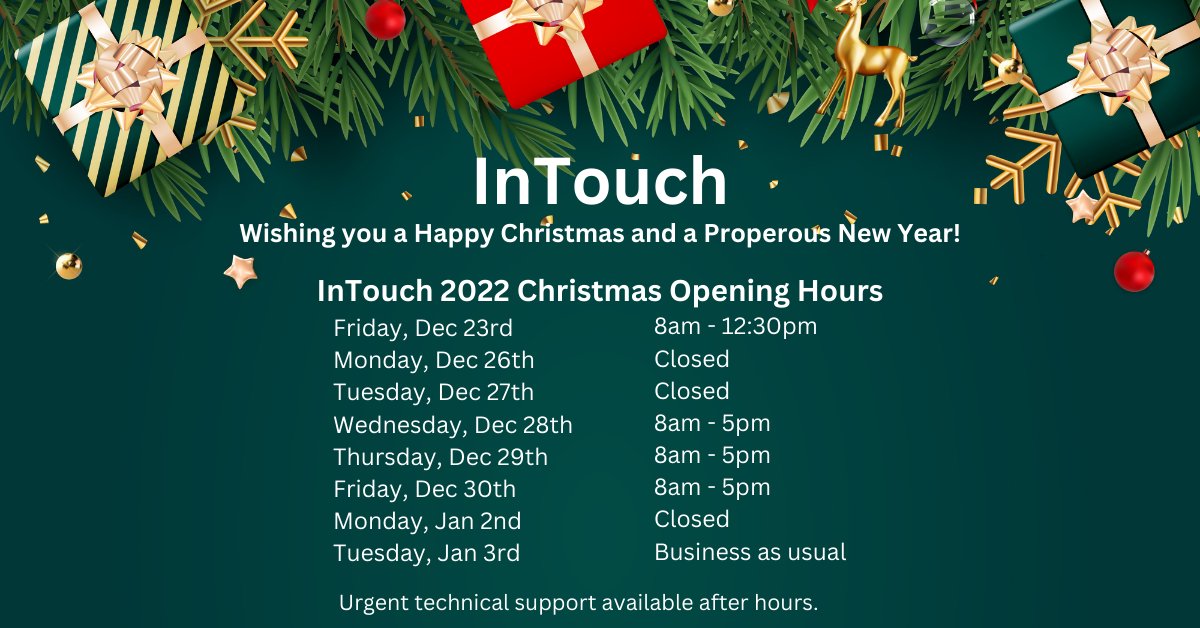 With Christmas just around the corner, please note the InTouch opening hours for the Christmas period🎄
Call InTouch on 0599101320 to contact a member of the team☎️

Have a lovely Christmas and happy new year, from all at InTouch!