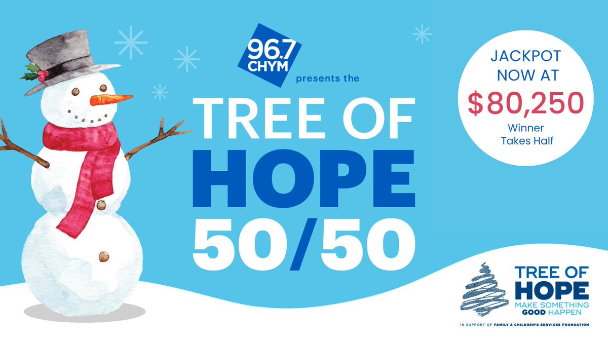 4 days remaining to buy your tickets! CHYM presents the Tree of Hope 50/50 Raffle big jackpot will be drawn on Friday, December 23rd! Buy your tickets today! facs5050.com. #5050Raffle #Kitchener #Cambridge #Waterloo #MakeSomethingGoodHappen