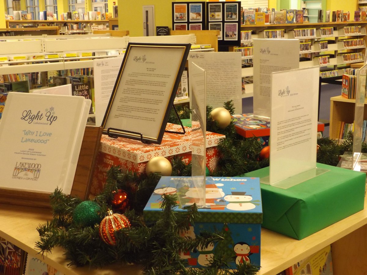Be sure to check out <a href="/lccohio/">Lakewood Chamber</a> 's  "Why I Love Lakewood" Fourth Grade Essay entries in the Main Library Children's and Youth Services area. 
The display includes the winning essay by Landon Metz, who attends <a href="/LkwdGrant/">Grant Elementary</a>.
