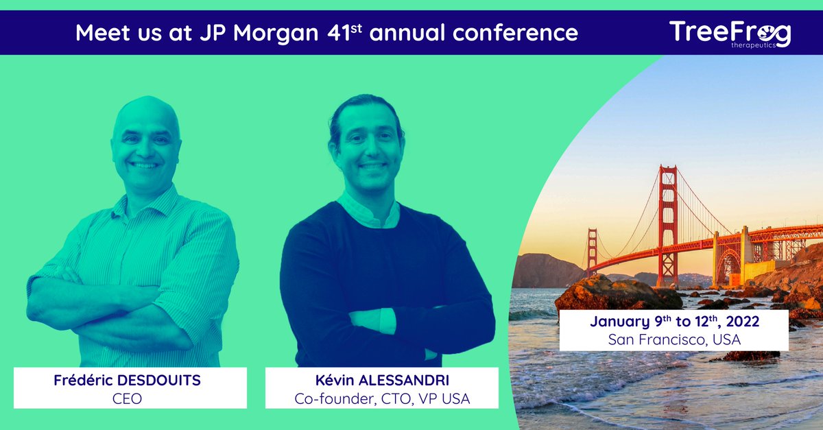 TreeFrog Therapeutics (@treefrogtx) on Twitter photo <a href="/treefrogtx/">TreeFrog Therapeutics</a> team will start 2023 in #SanFrancisco !
Frédéric Desdouits and Kévin Alessandri will attend the J.P. Morgan 41st annual Healthcare Meeting from January 9th to 12th 2023.
Feel free to reach out to schedule a meeting.
#JPMorgan #celltherapyforall <a href="/treefrogtx/">TreeFrog Therapeutics</a> team will start 2023 in #SanFrancisco !
Frédéric Desdouits and Kévin Alessandri will attend the J.P. Morgan 41st annual Healthcare Meeting from January 9th to 12th 2023.
Feel free to reach out to schedule a meeting.
#JPMorgan #celltherapyforall