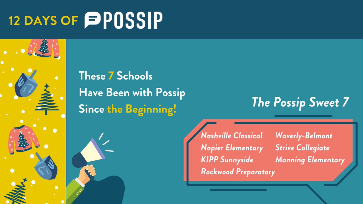 PossipIt's tweet image. Celebrating our Sweet 7 on day 7! These schools &amp;amp; districts are our longest reigning Possip partners.🙌
📚Nashville Classical
📚Napier Elementary
📚KIPP Sunnyside
📚Rockwood Prepatory
📚Waverly-Belmont
📚Strive Collegiate
📚Manning Elementary
#12DaysofPossip #PulseChecks #Leaders
