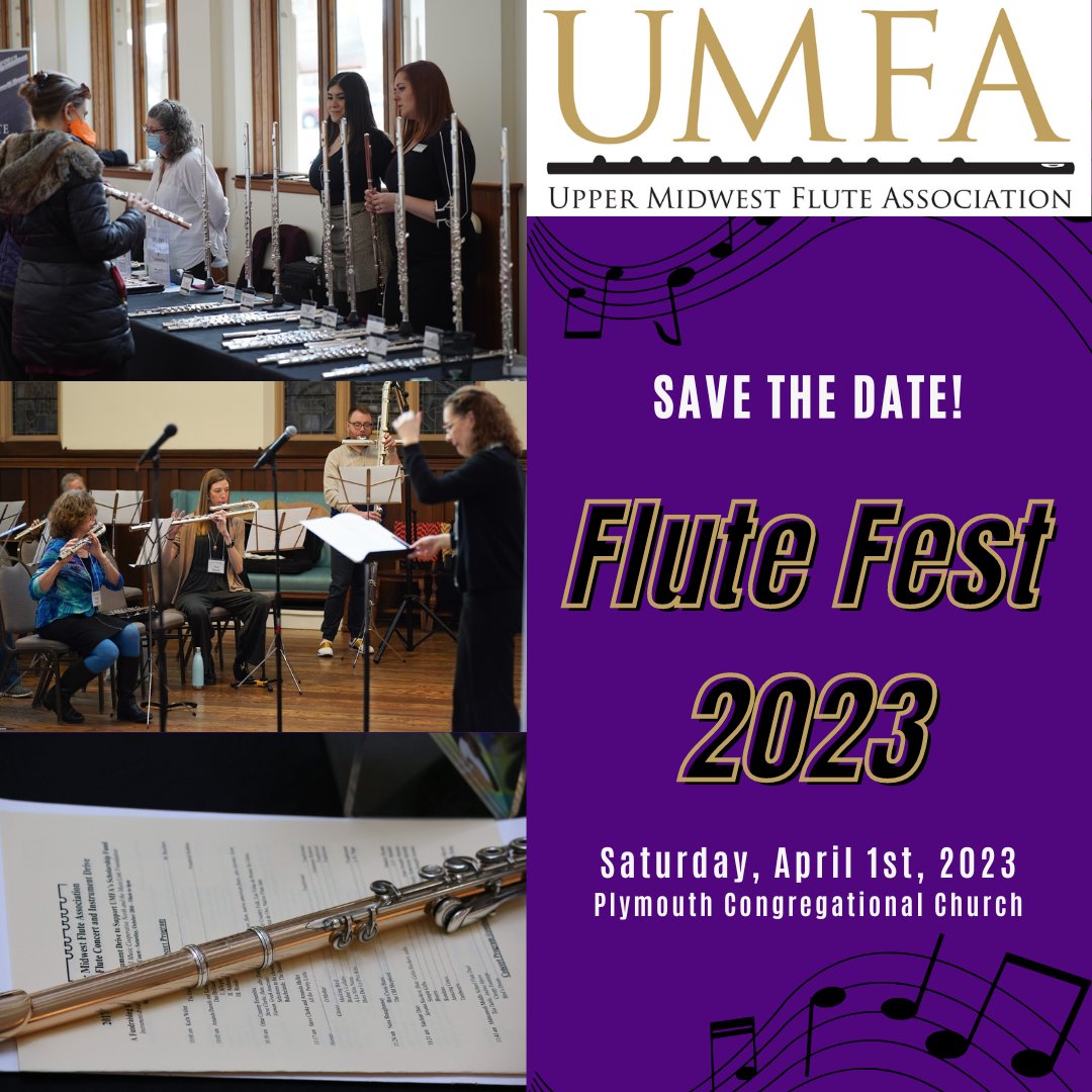 Save the Date for Flute Fest 2023!
Flutes Fest 2023 is Saturday, April 1st, 2023 at Plymouth Congregational Church.

Check your email and/or login to umfaflutes.org to see the latest issue of the Newsletter and to see the 2023 Flute Fest Guest Artist Announcement!