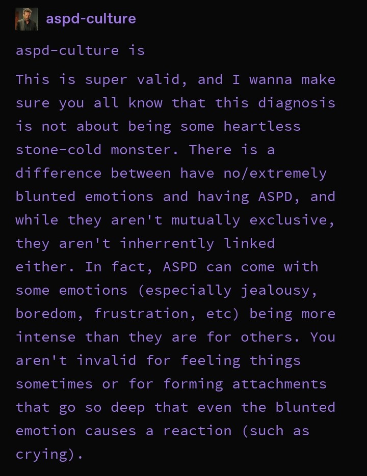 antisocial_crow's tweet photo. This is such a important thing that the ASPD community doesn't talk about, your diagnosis is not invalid just because u care about some people and can create attachments.
ASPD is a spectrum that have different people experiencing symptoms in a lot of ways.
#ASPDcommunity https://t.co/DbEzE4tk32