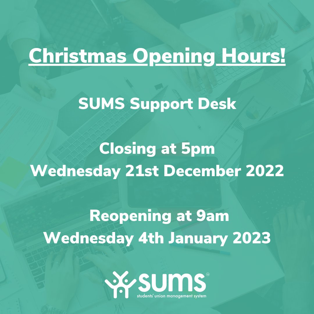 SUMS_LTD's tweet photo. See below for our Christmas Opening Hours!

Out of Hours Support Line – if you have an urgent issue during the festive period, contact our out of hours line (Please note that charges may apply).

We want to wish all of our users a very Merry Christmas and a Happy New year! 🎅 https://t.co/M5tnl4Mlpf