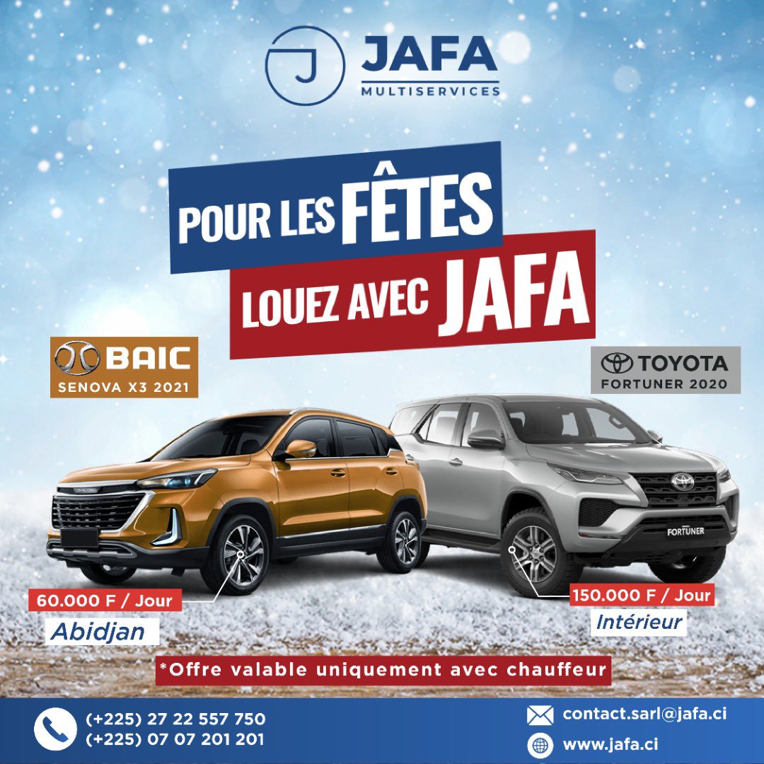 Cotedivoireoff_'s tweet photo. • C’est aussi les fêtes chez @JafaEntreprises. 🎉🎉

Location de véhicules chez JAFA, ils vous emmènent partout où vous souhaitez ! 

• Uniquement avec chauffeur. 
📞 0707201201 https://t.co/p6GhLCKggE
