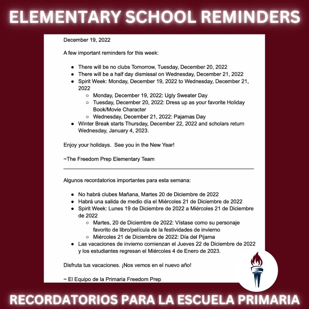 FreedomPrepNJ's tweet photo. Attention FPCS! 

Here are a few important reminders for this week:
Enjoy your holidays. See you in the New Year!
____________________________

¡Atención Escuela Primaria de FP! 

Algunos recordatorios para esta semana:
Disfruta tus vacaciones. ¡Nos vemos en el nuevo año! https://t.co/Sw3GRobXT6