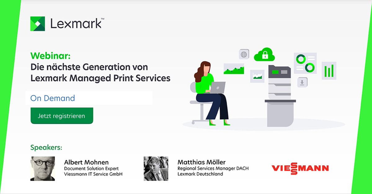 Lexmark_Germany's tweet photo. Managed Print und #Cloud Services sind für Unternehmen mittlerweile unverzichtbar. Unser gemeinsames #Webinar mit @Viessmann thematisiert die Gründe dafür. Jetzt on demand streamen 👉 https://t.co/nJBNiCbMF2 #MPS https://t.co/NM9I45fA3c