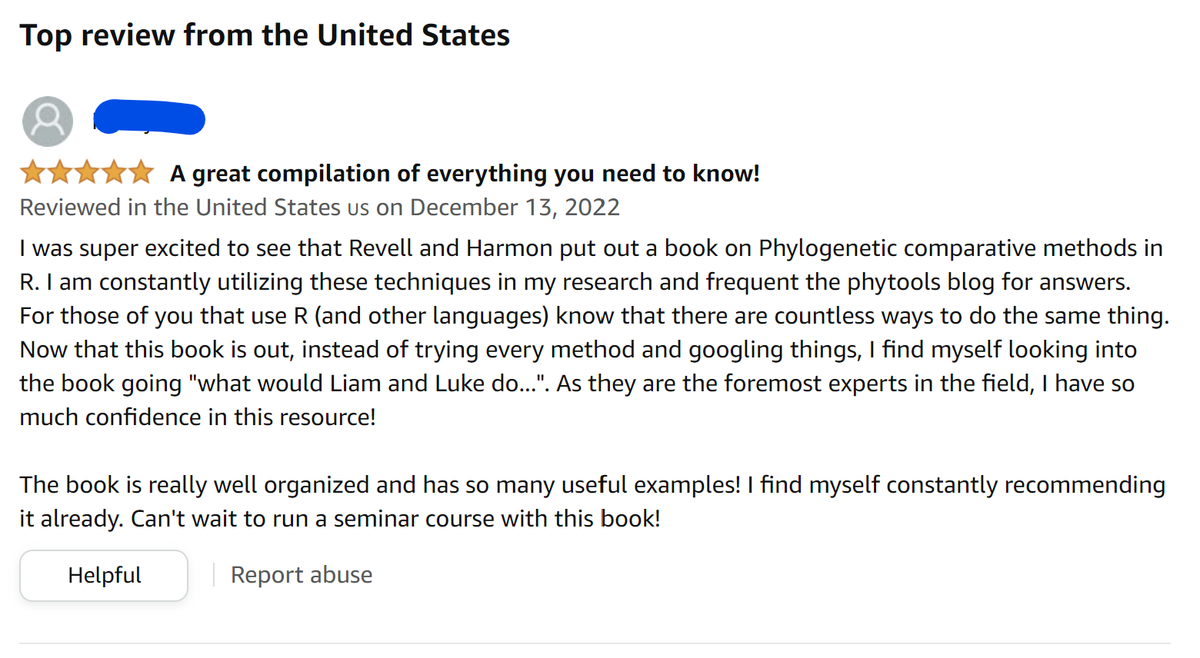 phytools_liam's tweet photo. Pumped to find this wonderful Amazon review of my @PrincetonUPress #PhylogeneticComparativeMethods in #Rstats book with @lukejharmon -- and I promise we didn't pay them 💰 to write it!! 

What a great early Christmas present. 🎅 

Check it out! 👉 https://t.co/3kDDNvnnyW. https://t.co/ay8FrcgDgv