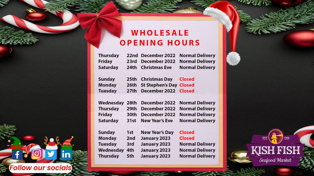 Kish Fish on Twitter "Kish Fish opening hours for our wholesale and retail over the festive