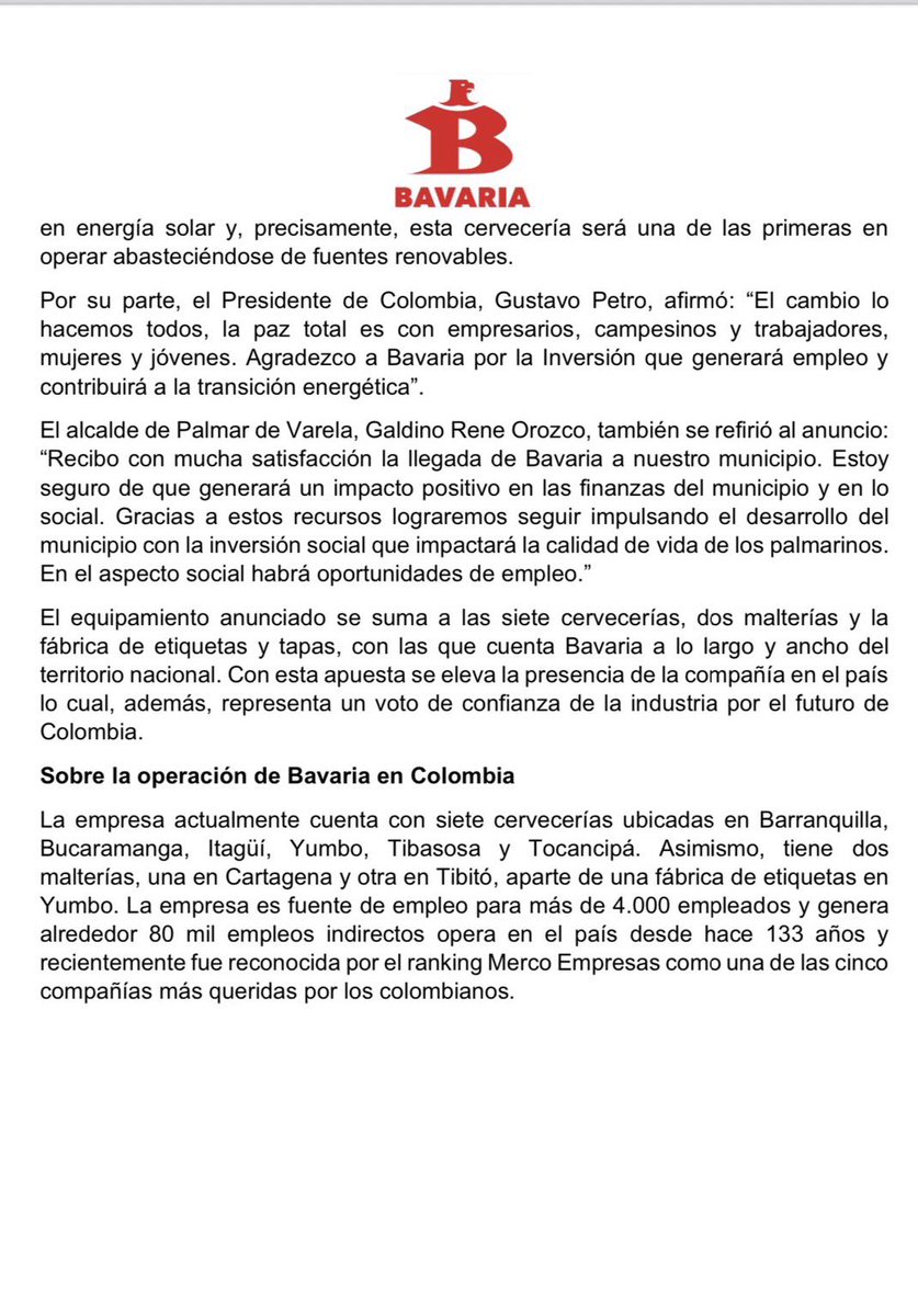 SoySergioRincon's tweet photo. ¡Hoy tenemos grandes noticias para Colombia! Nos enorgullece anunciar la construcción de nuestra nueva Cervecería en Palmar de Varela, Atlántico, un proyecto que generará más progreso para el país, y será el primero en operar desde 2024 con energía renovable. https://t.co/vbQZHNgY7d