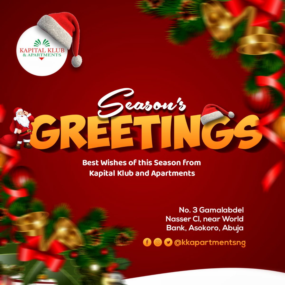 KKApartmentsNG's tweet photo. Seasons Greetings and Best Wishes this season from Kapital Klub and Apartments.
#Abuja #Nigeria #AbujaFCT #AbujaTwitterComunity #abujahotel #Christmas https://t.co/Ku84fNtgmo