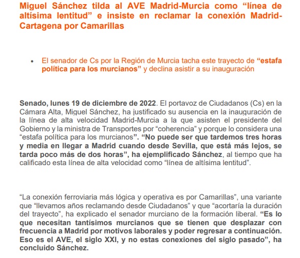 El AVE Madrid-Murcia debe pasar por Camarillas, para acortar el trayecto.

En su lugar, el Gobierno presenta una conexión de altísima lentitud, que dura lo que ahora (más de 3 horas) y le cambia el nombre.

¡Una nueva estafa a los murcianos que seguimos denunciando en el Senado!