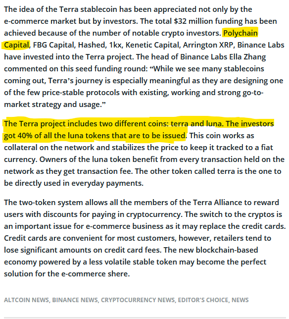1776_ben's tweet photo. @Leishman claims he had zero knowledge of Luna until it blew up.

He worked at Polychain WHILE Polychain made the seed investment in Terra/Luna.

Investors including Polychain received 40% of all the Luna tokens to be issued. 🤣

This is all publicly available info. https://t.co/d95j92dO3x
