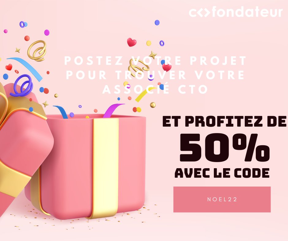 Cofondateur's tweet image. 🎅🎄 C&apos;est Noël avant les fêtes !

Vous avez un #projetdigital et vous recherchez toujours un #associé #CTO pour vous accompagner ? 

Profitez de 50% avec le code &quot;NOEL22&quot; sur nos programmes Standard et Premium jusqu&apos;au 25/12 🚀