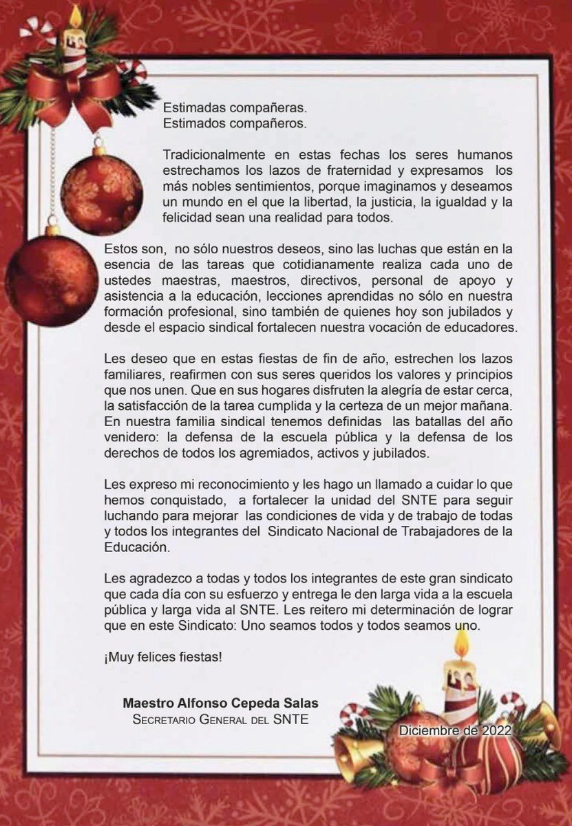 AngelinoCaamalM's tweet photo. 🎄 MENSAJE  #SNTE 📚🎄

Con la satisfacción de la tarea cumplida en 2022 docentes y personal de apoyo tenemos clara la ruta por la educación en 2023 👉Compañeros activos y jubilados #FelizNavidad 🎄 y #FelizAñoNuevo 🗓️ Mtro. Alfonso Cepeda Salas

Video 👉 https://t.co/rYKIPCuCrK https://t.co/pF2ExspDCK