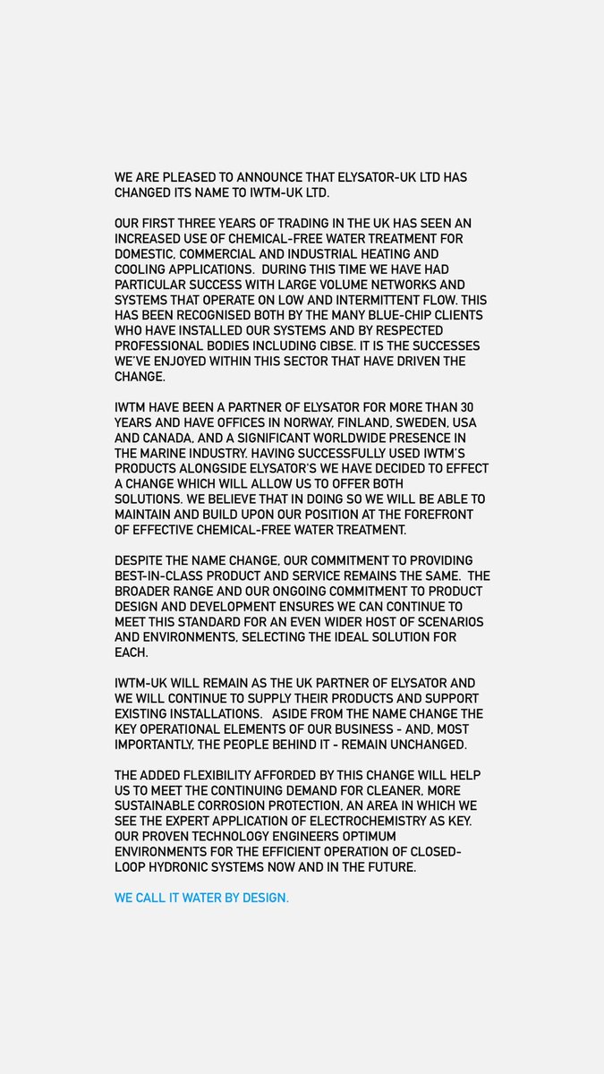 We are pleased to announce that Elysator-UK Ltd has changed its name to IWTM-UK Ltd.

(Please read attached for more info…) 

With all of our changes, we feel this is the right time to leave Twitter and focus on our other social platforms…