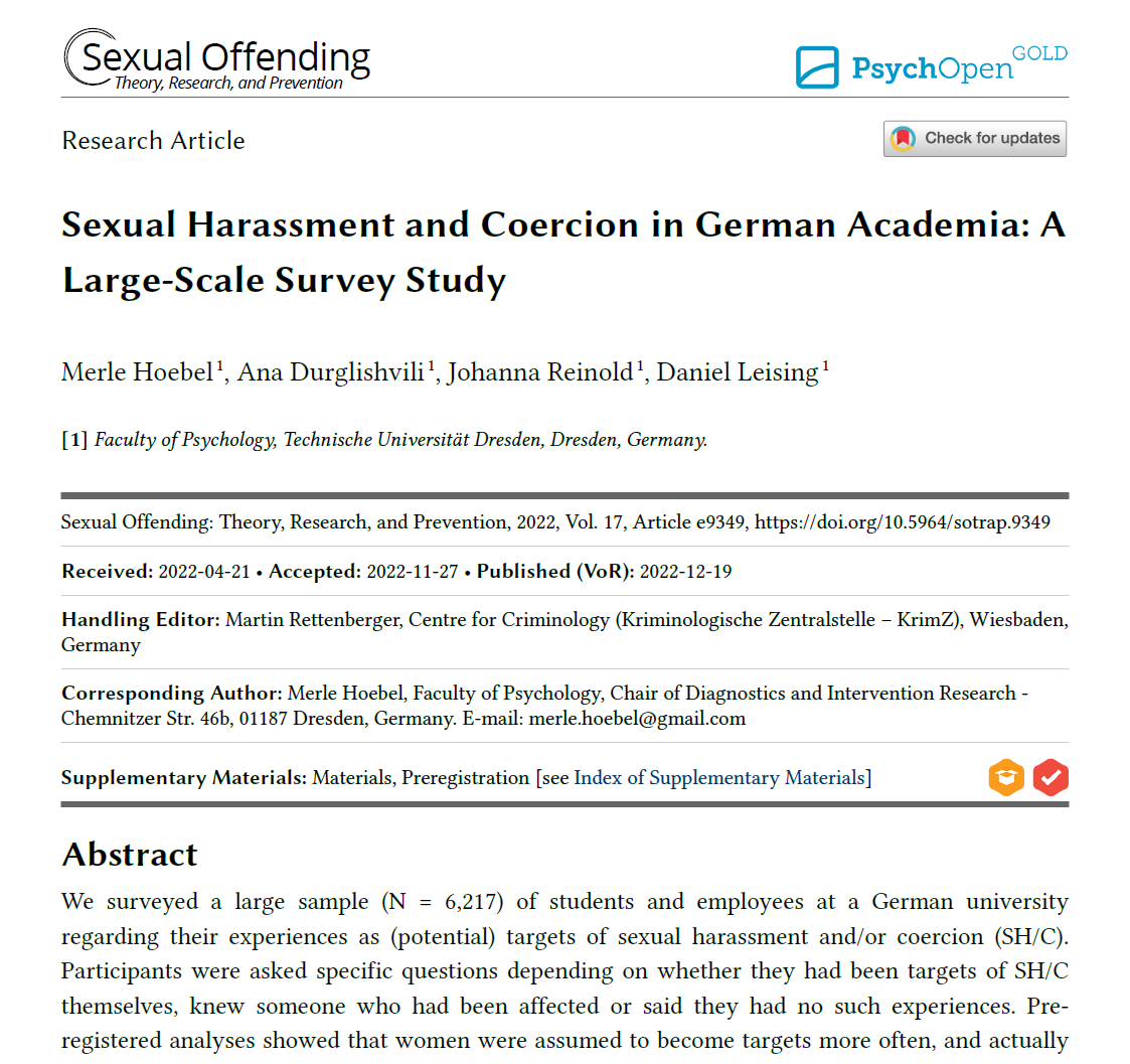 "Sexual Harassment and Coercion in German Academia: A Large-Scale Survey Study" by Merle Hoebel and colleagues indicates largely dysfunctional complaint systems #metooscience #meetooacademia #meetoo #IchBinHanna <a href="/MeToo_Academia/">MeToo Academia</a> 
The complete paper: doi.org/10.5964/sotrap…