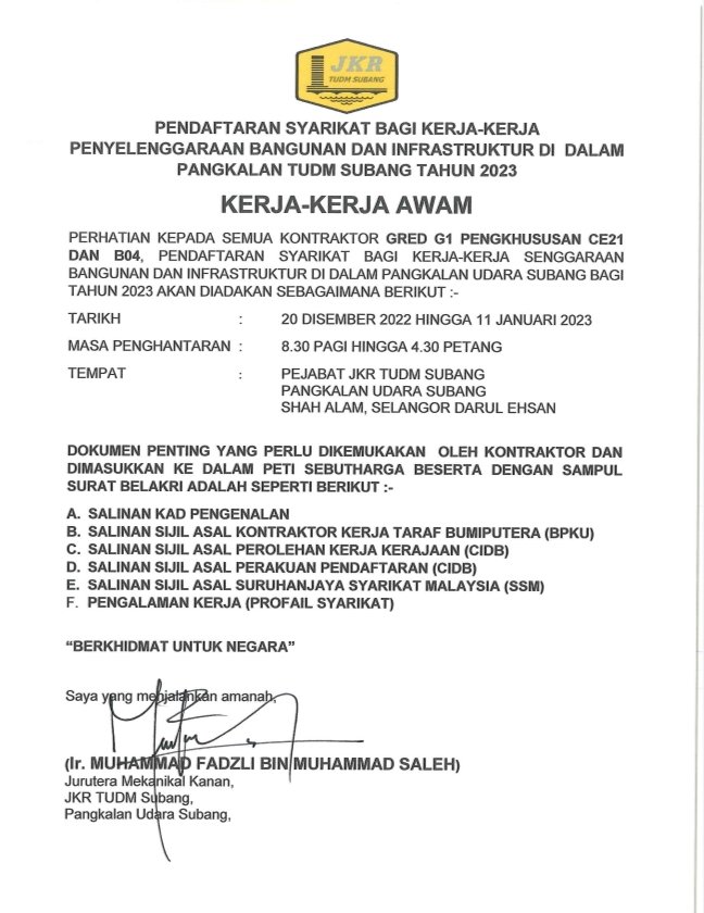Pendaftaran Syarikat Bagi Kerja-Kerja Penyenggaraan Bangunan Dan Infrastruktur Di Dalam Pangkalan TUDM Subang Tahun 2023.
<a href="/csfbjkr/">CSFB JKR</a> <a href="/JKRSelangor/">JKR Selangor</a> <a href="/UTSSelangorJKR/">JKR UNIT TENTERA SELANGOR</a> <a href="/Ir_faDZli/">faDZli</a>