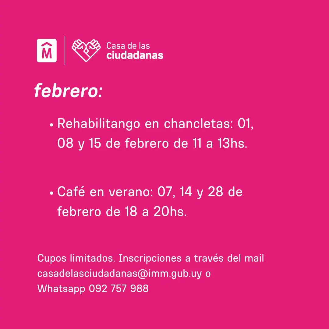 Actividades para el verano 2023 ☀️🏡👇🏼

Por inscripciones o más información comunícate vía mail casadelasciudadanas@imm.gub.uy o whatsapp 092 757 988 

<a href="/IMgenero/">Montevideo Género</a> <a href="/montevideoIM/">Intendencia de MVD</a>