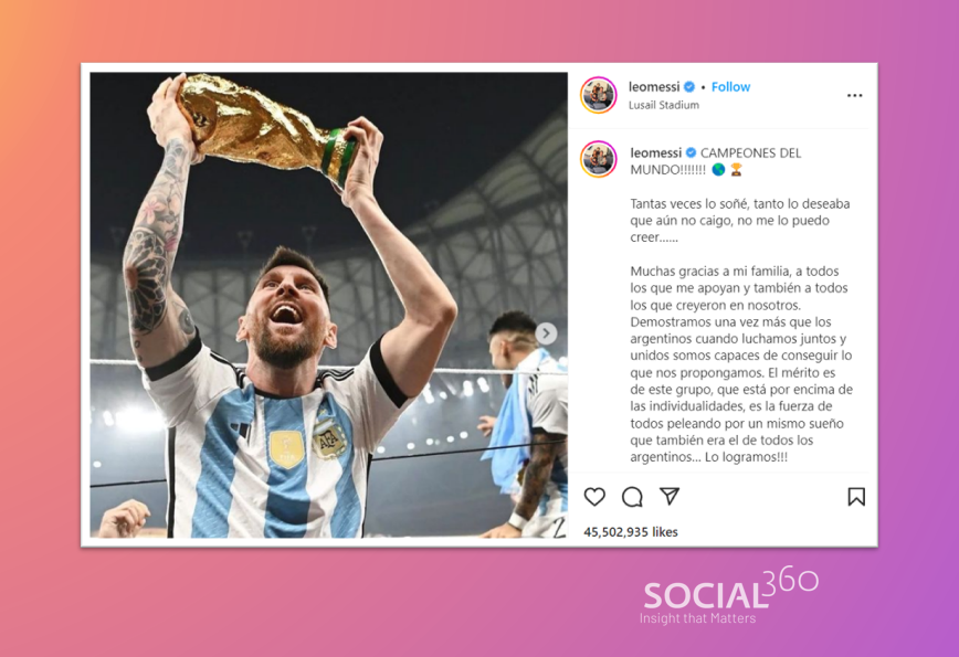 social360's tweet photo. Following Argentina's thrilling win over France in the #FIFAWorldCup final, #Messi's celebratory #Instagram post becomes the most-liked of any sportsperson.

Get in touch to learn more about how @Social360 can help you follow the online conversation: https://t.co/EmTk87WbVq. https://t.co/ezJ3t6zbU7