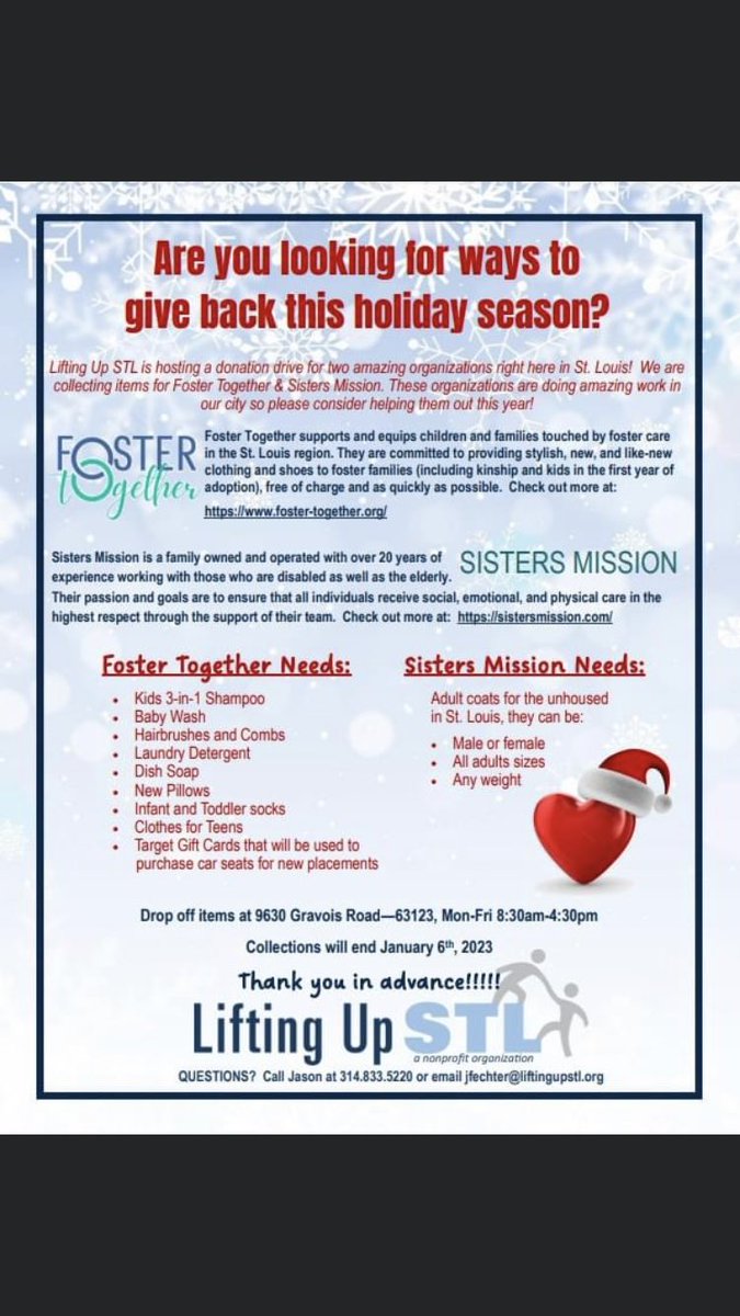 liftingupstl's tweet photo. We are putting on a holiday drive for two amazing organizations here in St. Louis! Please consider donating items listed below. You can drop stuff off at 9630 Gravois Road from 8:30am-4:30pm. Questions please contact 314-833-5220 or jfechter@liftingupstl.org

#nonprofit #stl https://t.co/HGq6Q6QYAe