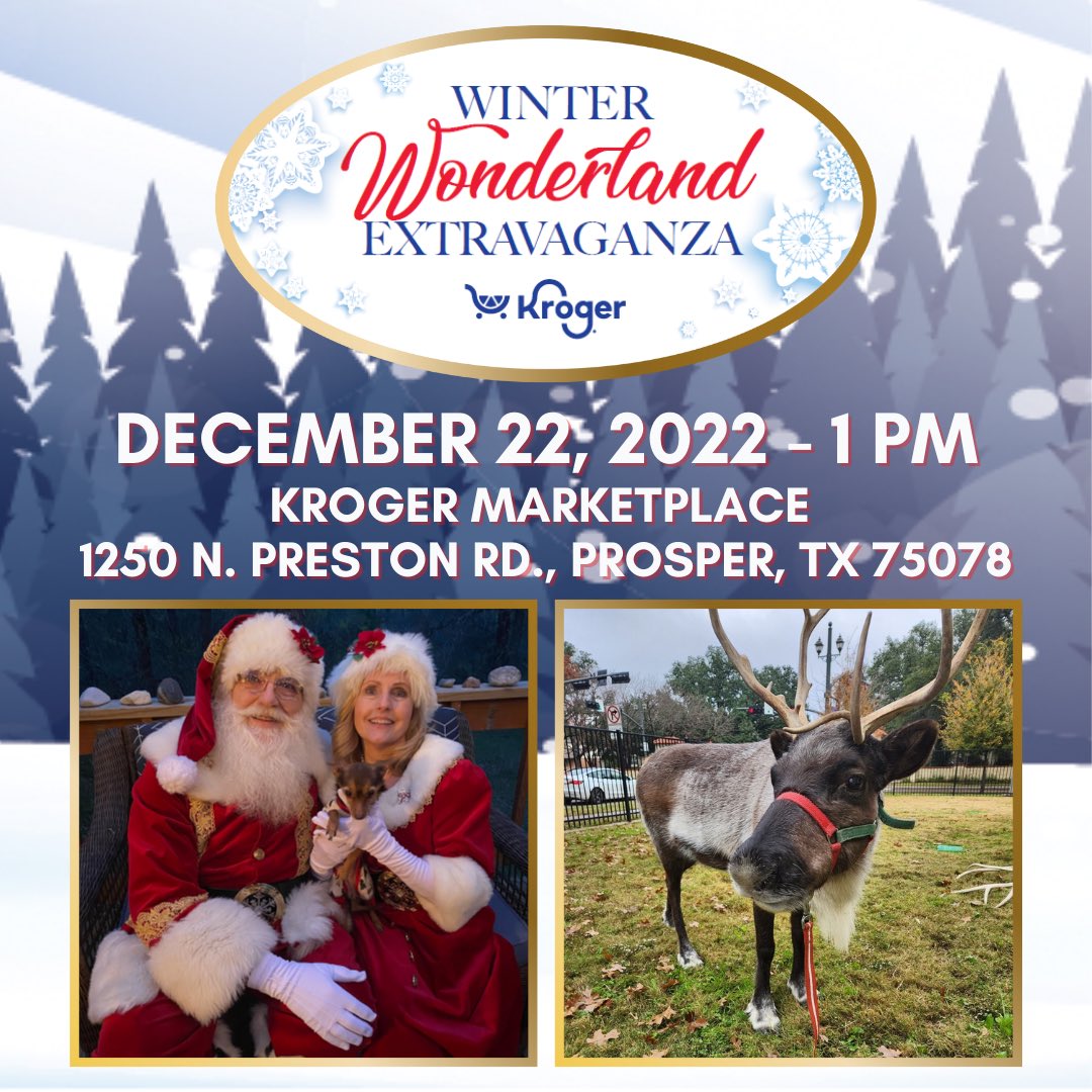 This Thursday, Dec 22 join us at the Kroger Marketplace in #ProsperTX to meet Santa Claus, Mrs. Claus and their reindeer for photos, last minute gift requests, crafts, games & more! #KrogerKindness #WinterWonderland