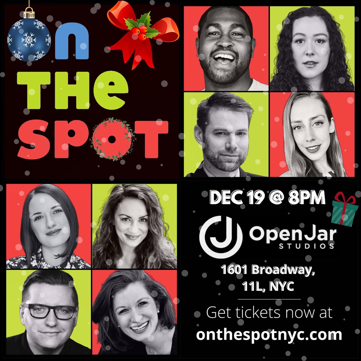 Dash through the snow to start your week with the #OnTheSpotNYC Holiday Show tonight! ☃️🎄🎶

❄️ NEW LOCATION! Open Jar Studios (1601 Broadway) in Studio 11L ❄️

Get tickets at linktr.ee/onthespotnyc

#Cabaret #Comedy #MusicalImprov #HolidayShow #NYC