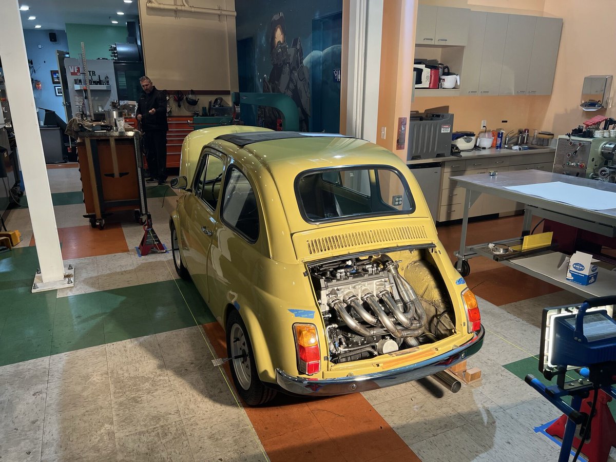 jackmccauley1's tweet photo. 1974 Fiat 500 fitted with a 208 HP motorcycle engine. Finishing this up. What's next?😎

Be sure to follow up on Jack McCauley who has since been named by https://t.co/ViAdRogqQ1 as “one of the greatest inventors alive today". #FIAT, #ZX14R, #BLACKLAB, #UCBERKELEY #Calengineering https://t.co/2GWACsHfB0
