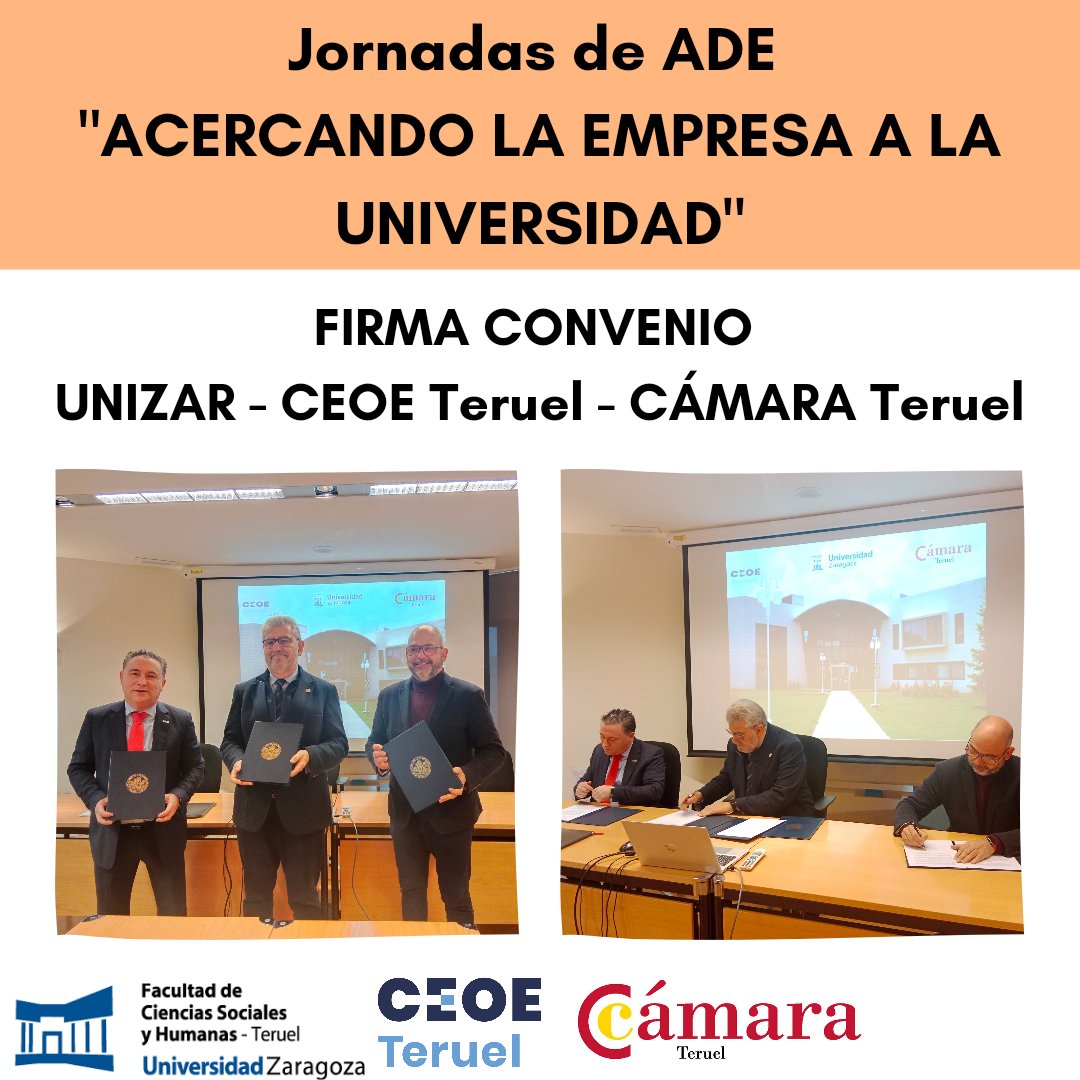 ADETeruel's tweet photo. Firma de convenio entre la UZ y CEOE Teruel y Cámara Teruel para establecer la colaboración para el desarrollo de las Jornadas de ADE "Acercando la Empresa a la Universidad".
@ceoe_teruel @camarateruel @unizar @fcsh_teruel
#jornadasadeteruel #terueleslamejoropcion #Teruel https://t.co/qpPlqYjHyM