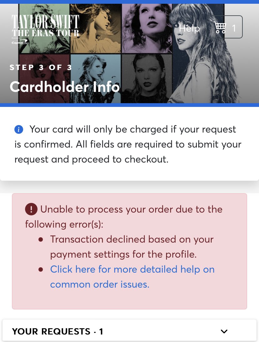 Geo_Jaeckel's tweet photo. @Ticketmaster can you help me? I’m literally using the card that’s in my profile but I keep getting this error message for @taylorswift13 #TheErasTour tickets :( https://t.co/zYykFuKpFo