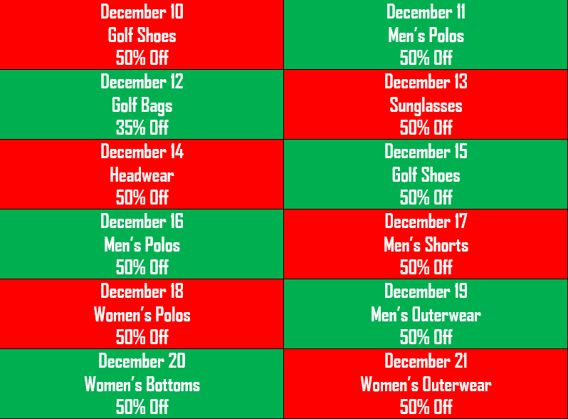 GCYankeeTrace's tweet photo. Last week of our 12 days of Christmas sale at the golf shop! Don't miss out on the best deals of the year on golf apparel and equipment. 
Golf Shop Hours: 9 a.m. - 5 p.m. everyday
Christmas Eve: 9 a.m. - 2 p.m. 
Christmas Day: Closed https://t.co/6u3vHktZ2x