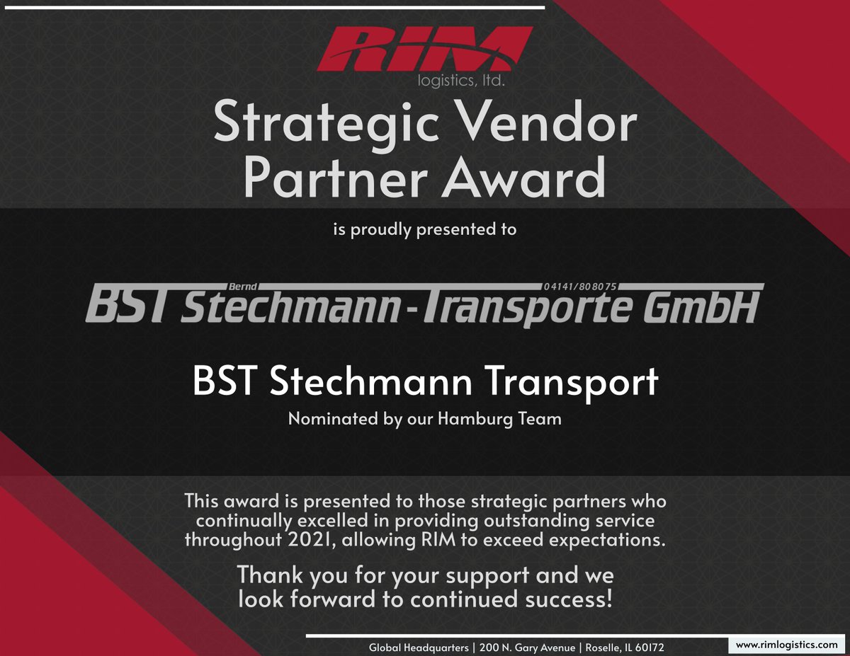 RIMlogistics's tweet photo. ... Only with a great partner like BST would we be able to offer best-in-class service to our customers. Thank you Bernd, Thomas, and the whole team for your support." --Chris Rupsch, Branch Manager, RIM Hamburg

Congratulations, BST Stechmann Transport! 🎉
#strategicvendoraward https://t.co/V62YvAor6n