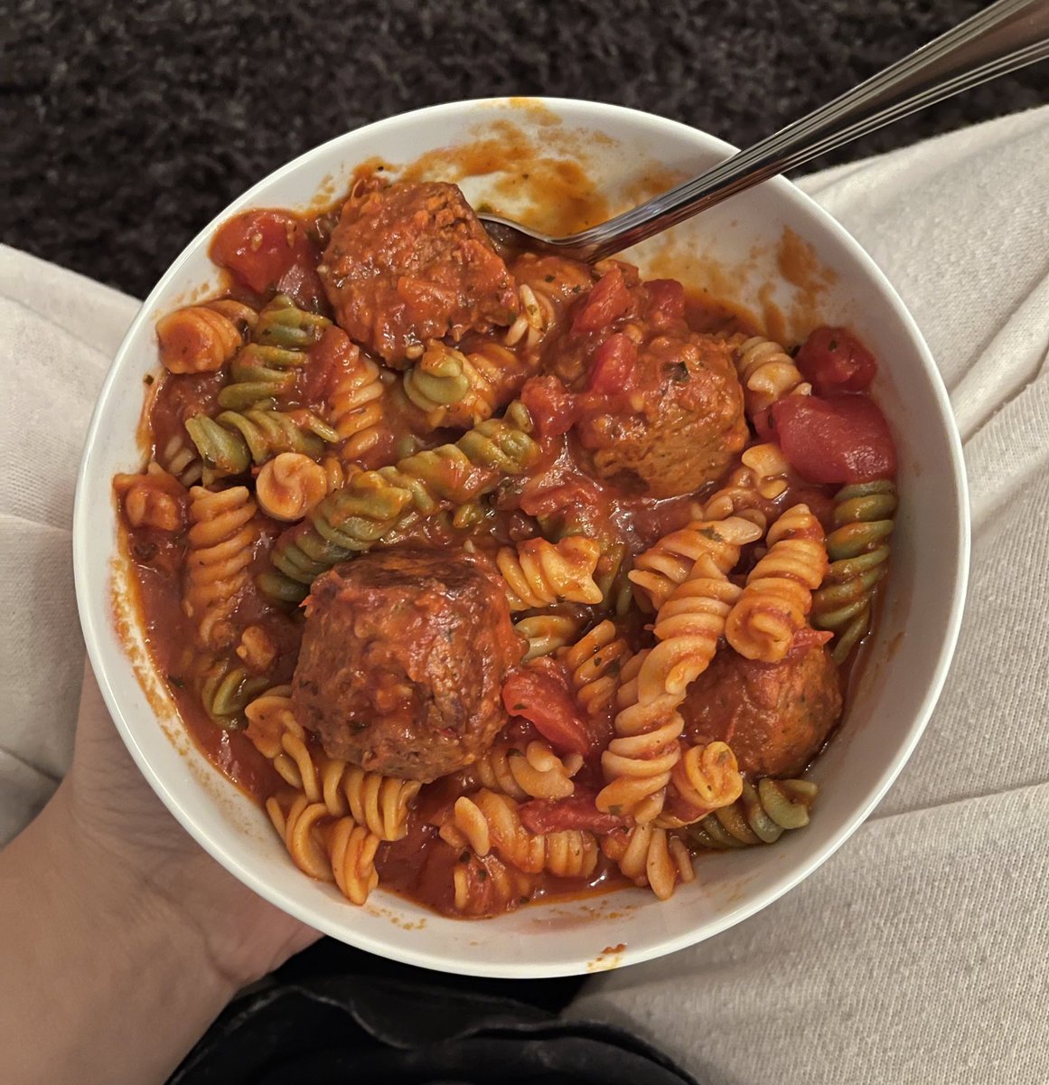 spicy pasta with vegan meatballs from last night