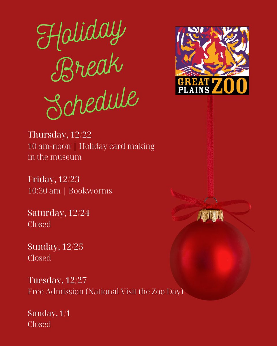 Here's what's happening over the holiday break at Great Plains Zoo! 

We're open daily from 10 am - 5 pm (closed on Christmas Eve, Christmas Day, and New Year's Day). 

#GPZoo #Zoo #holidaybreak #christmas #siouxfalls #newyears #holidayhours